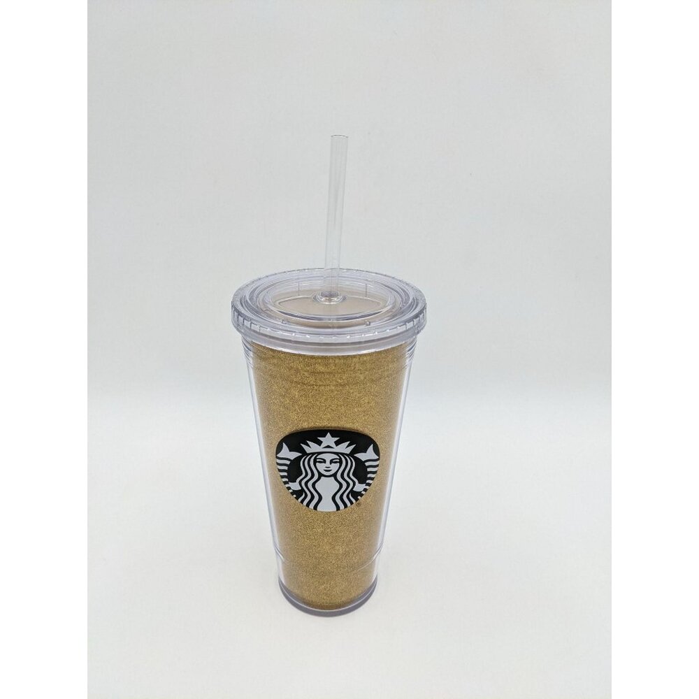 Starbucks Grande gold glitter tumbler to-go cup with straw 20oz 2016